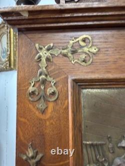 Antique Art Nouveau tiger oak quarter sawn wall cabinet 1890 bronze plaque nice