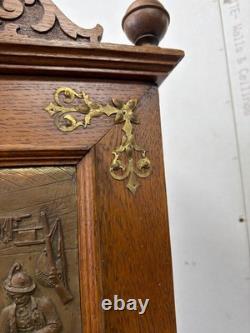 Antique Art Nouveau tiger oak quarter sawn wall cabinet 1890 bronze plaque nice