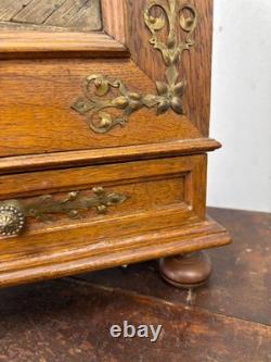 Antique Art Nouveau tiger oak quarter sawn wall cabinet 1890 bronze plaque nice