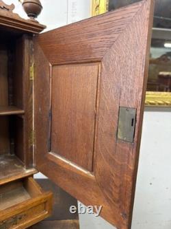 Antique Art Nouveau tiger oak quarter sawn wall cabinet 1890 bronze plaque nice