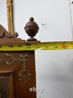 Antique Art Nouveau tiger oak quarter sawn wall cabinet 1890 bronze plaque nice