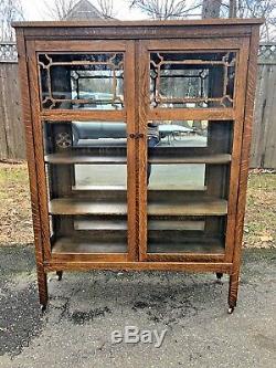 Antique Arts & Crafts Art Nouveau Mission Style Mirrored Glass Front Oak Cabinet