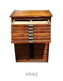 Antique Arts & Crafts Oak Flat File Printers Cabinet With 20 Drawers By Hamilton