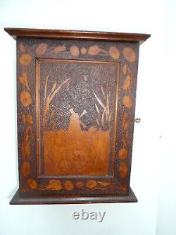 Antique Austrian Art Nouveau Wood Wall Hanging Cabinet Flowers And Foliage Deco