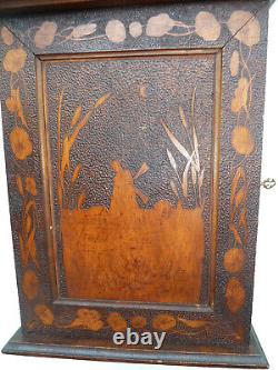 Antique Austrian Art Nouveau Wood Wall Hanging Cabinet Flowers And Foliage Deco