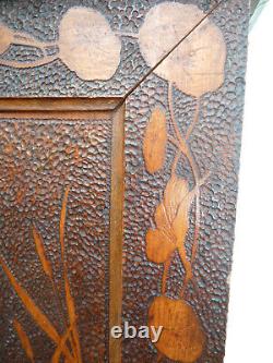 Antique Austrian Art Nouveau Wood Wall Hanging Cabinet Flowers And Foliage Deco