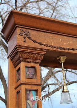 Antique Back Bar Quarter Sawn Oak With Leaded Stained Glass Panels