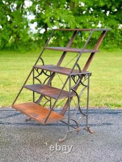 Antique Bakers Rack Cast Iron Leg Industrial Wood Shelf Clothing Rack Vintage
