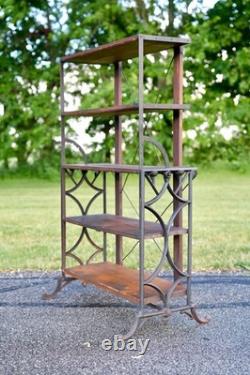 Antique Bakers Rack Cast Iron Leg Industrial Wood Shelf Clothing Rack Vintage