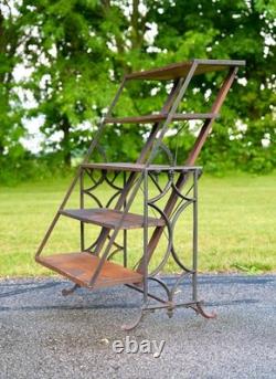 Antique Bakers Rack Cast Iron Leg Industrial Wood Shelf Clothing Rack Vintage
