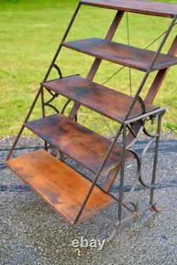 Antique Bakers Rack Cast Iron Leg Industrial Wood Shelf Clothing Rack Vintage