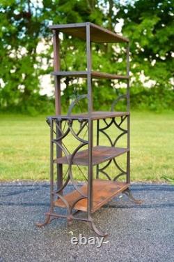 Antique Bakers Rack Cast Iron Leg Industrial Wood Shelf Clothing Rack Vintage