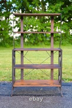 Antique Bakers Rack Cast Iron Leg Industrial Wood Shelf Clothing Rack Vintage