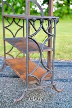 Antique Bakers Rack Cast Iron Leg Industrial Wood Shelf Clothing Rack Vintage