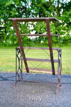 Antique Bakers Rack Cast Iron Leg Industrial Wood Shelf Clothing Rack Vintage