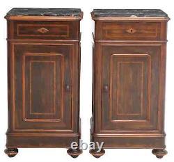 Antique Bedside Cabinets, (2) Italian Inlaid Rosewood, Marble-Top, Early 1900s