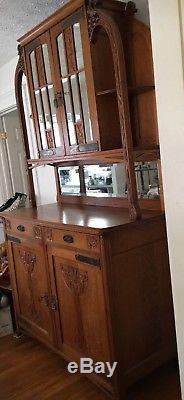 Antique Belgian Art Nouveau Quarter Sawn Golden Oak Hutch/cabinet/cupboard