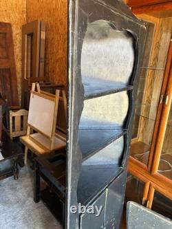 Antique Black Painted Wooden Corner Cabinet, Handmade with Shelves and Door