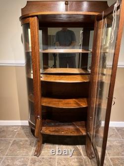 Antique Bow Front China Cabinet Tiger Oak 5 Shelves Old Glass Pickup Only