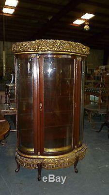 Antique Bow Front French Glass Cabinet Curio with Beautiful Gold Leafing