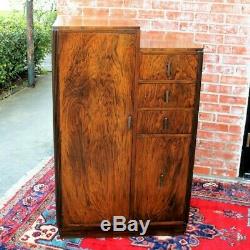 Antique Burl Walnut Art Deco Small Cabinet 8 Shelf, 3 Drawer Dresser Chest