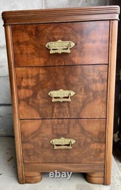 Antique Burled Walnut Wood 3 Drawer Cabinet/nightstand