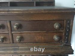 Antique CLARK'S ONT Oak Spool Cabinet, 4 Drawers, Slant top desk. EXC COND