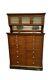 Antique Ca. Late 1910s Wooden Dental Cabinet W Frosted Glass Doors & Marble Base