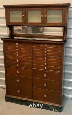 Antique Ca. Late 1910s Wooden Dental Cabinet w Frosted Glass Doors & Marble Base