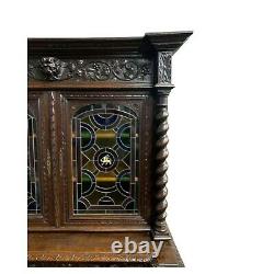 Antique Cabinet, Stained Glass, Carved Wood, Four Door, Shelves, Gorgeous, 1800s