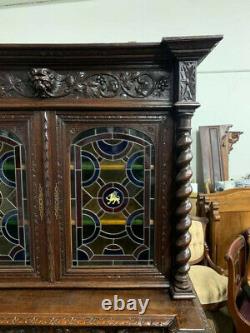 Antique Cabinet, Stained Glass, Carved Wood, Four Door, Shelves, Gorgeous, 1800s