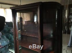 Antique Cabinet With Curved Glass, 4 Clawed Feet, China, Curio, Plates, Key