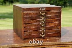 Antique Card Catalog File Cabinet 7 Drawer Brass Pulls Wood Organizer Box
