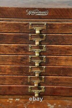 Antique Card Catalog File Cabinet 7 Drawer Brass Pulls Wood Organizer Box