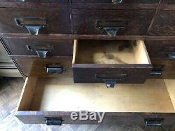 Antique Card Catalog, Stackable Oak Card File, Apothecary Wood Flat File Cabinet