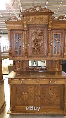 Antique Carved Oak or Walnut French Hutch Buffet, Sideboard, Cupboard withfigures
