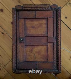 Antique Carved Walnut, Mahogany TRAMP ART Wall Cabinet 1900-1930, 22x 15 x 7