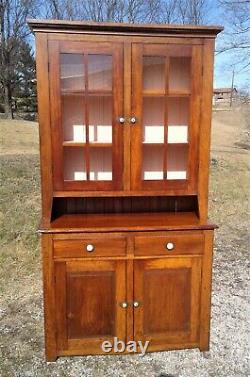 Antique Cherry 2 Piece Flat Wall StepBack Cupboard 12 Pane Top Doors 1890s