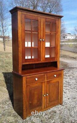 Antique Cherry 2 Piece Flat Wall StepBack Cupboard 12 Pane Top Doors 1890s