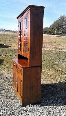 Antique Cherry 2 Piece Flat Wall StepBack Cupboard 12 Pane Top Doors 1890s