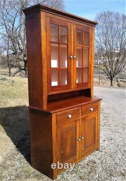 Antique Cherry 2 Piece Flat Wall StepBack Cupboard 12 Pane Top Doors 1890s