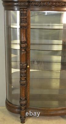 Antique China Cabinet, Carved Oak Curved Glass China Closet Very Fancy #21381