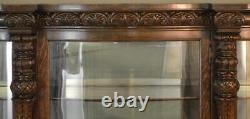 Antique China Cabinet, Carved Oak Curved Glass China Closet Very Fancy #21381