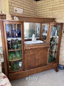 Antique China Cabinet Tiger Oak 2 Curved Glass Sides, 3 Drawers, Middle Storage