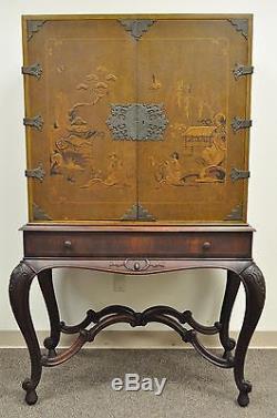 Antique Chinoiserie George III Style Hand Painted Highboy Chest Cabinet Cupboard