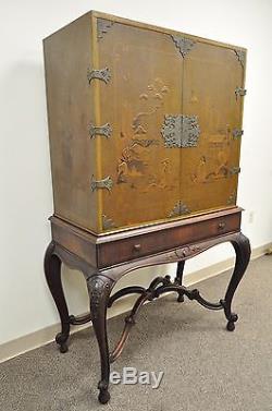 Antique Chinoiserie George III Style Hand Painted Highboy Chest Cabinet Cupboard