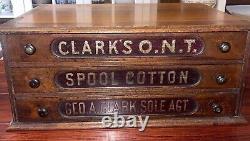 Antique Clarks 3 Drawer Wood Spool Storage Chest, Includes Sewing Essentials