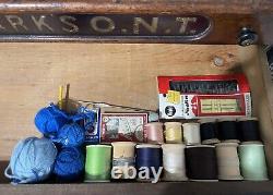 Antique Clarks 3 Drawer Wood Spool Storage Chest, Includes Sewing Essentials