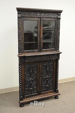 Antique Corner China Cabinet Cupboard Renaissance Revival Belgian Carved Oak