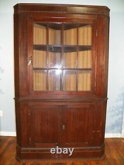 Antique Corner Cupboard Cabinet 12 Pane Divided Glass Door